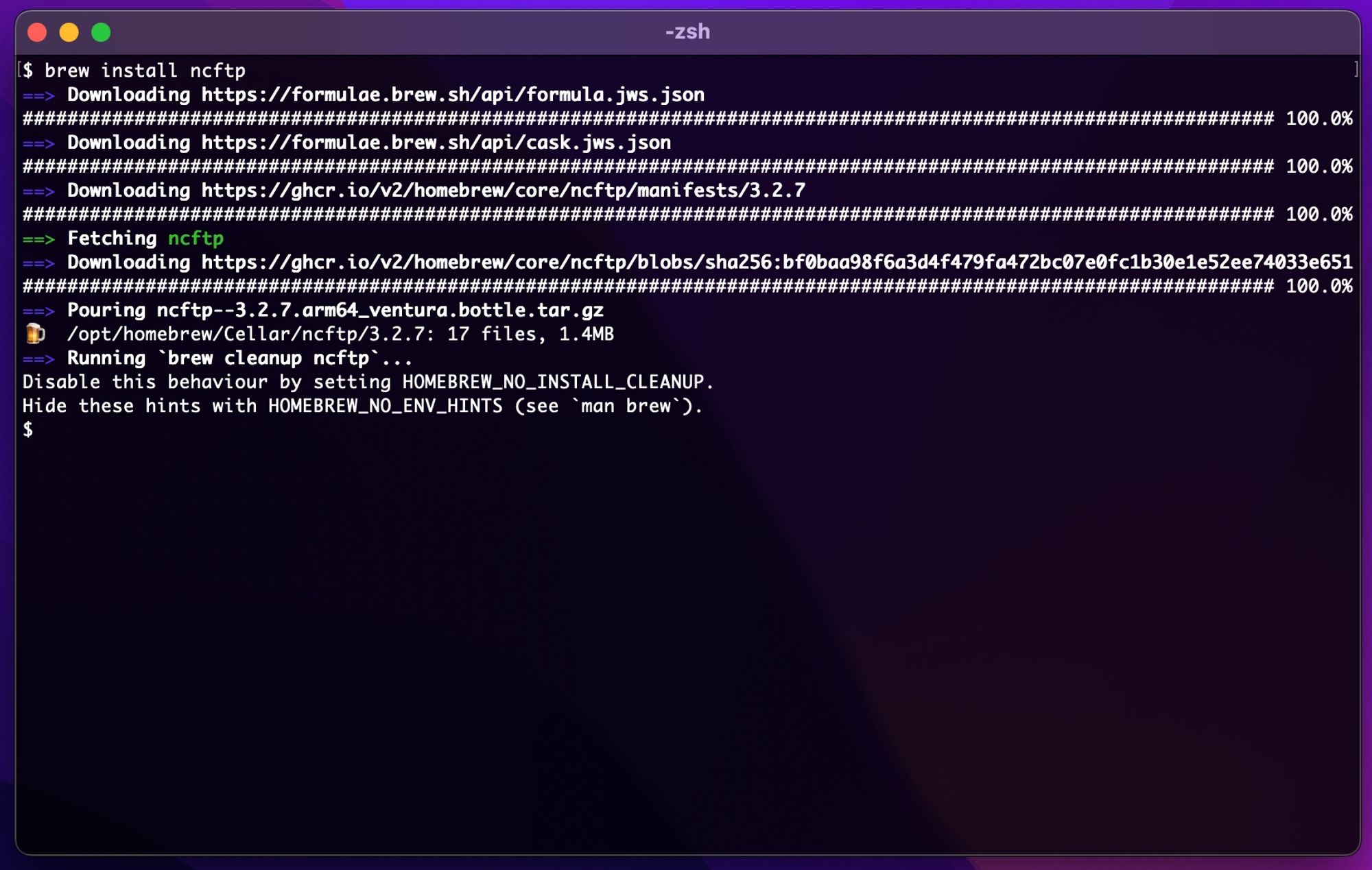 Terminal window on Mac showing 'brew install ncftp' command ouput.