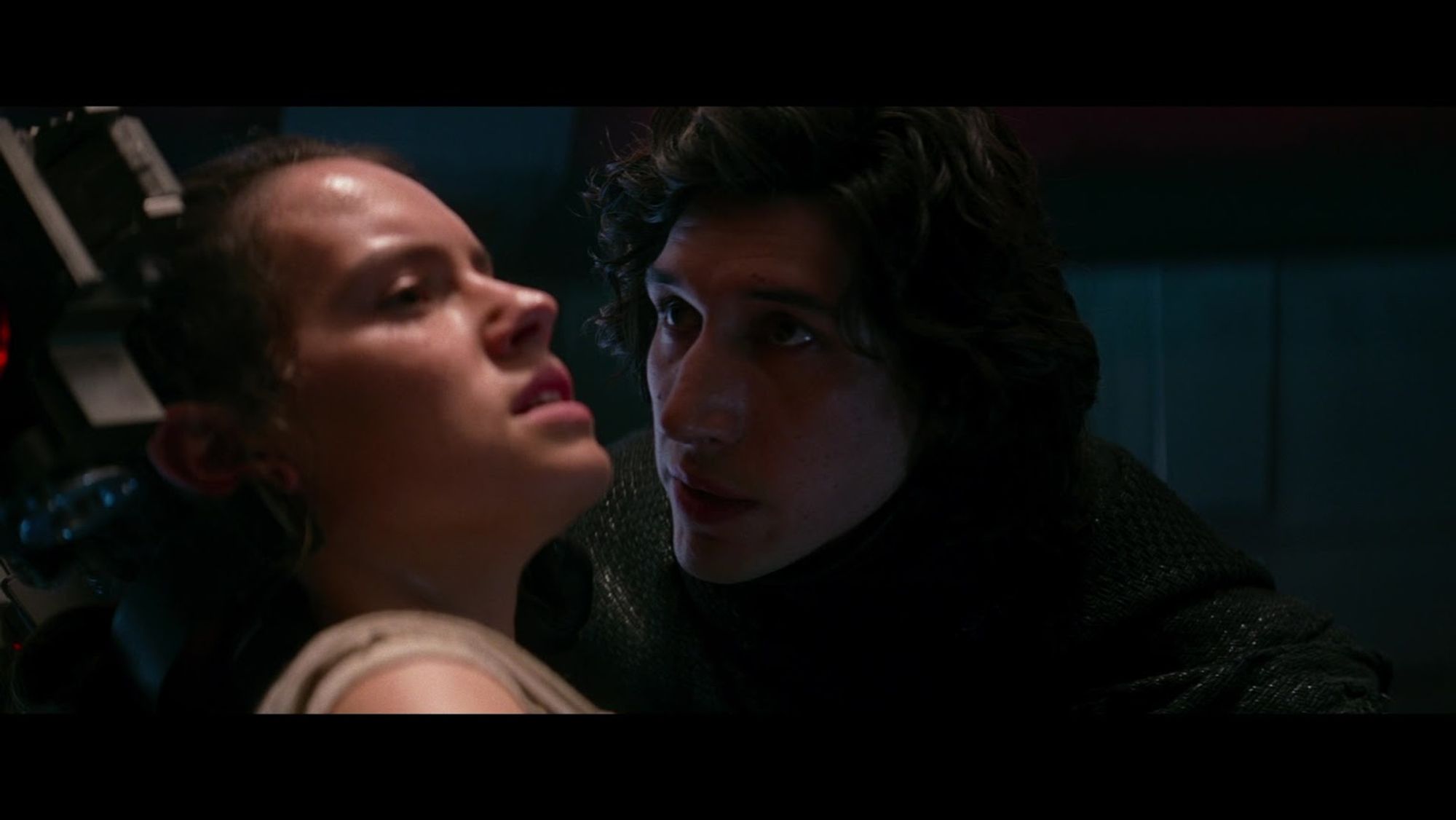 Rey on left, Kylo Ren on right, The Interrogation Scene, Star Wars The Force Awakens