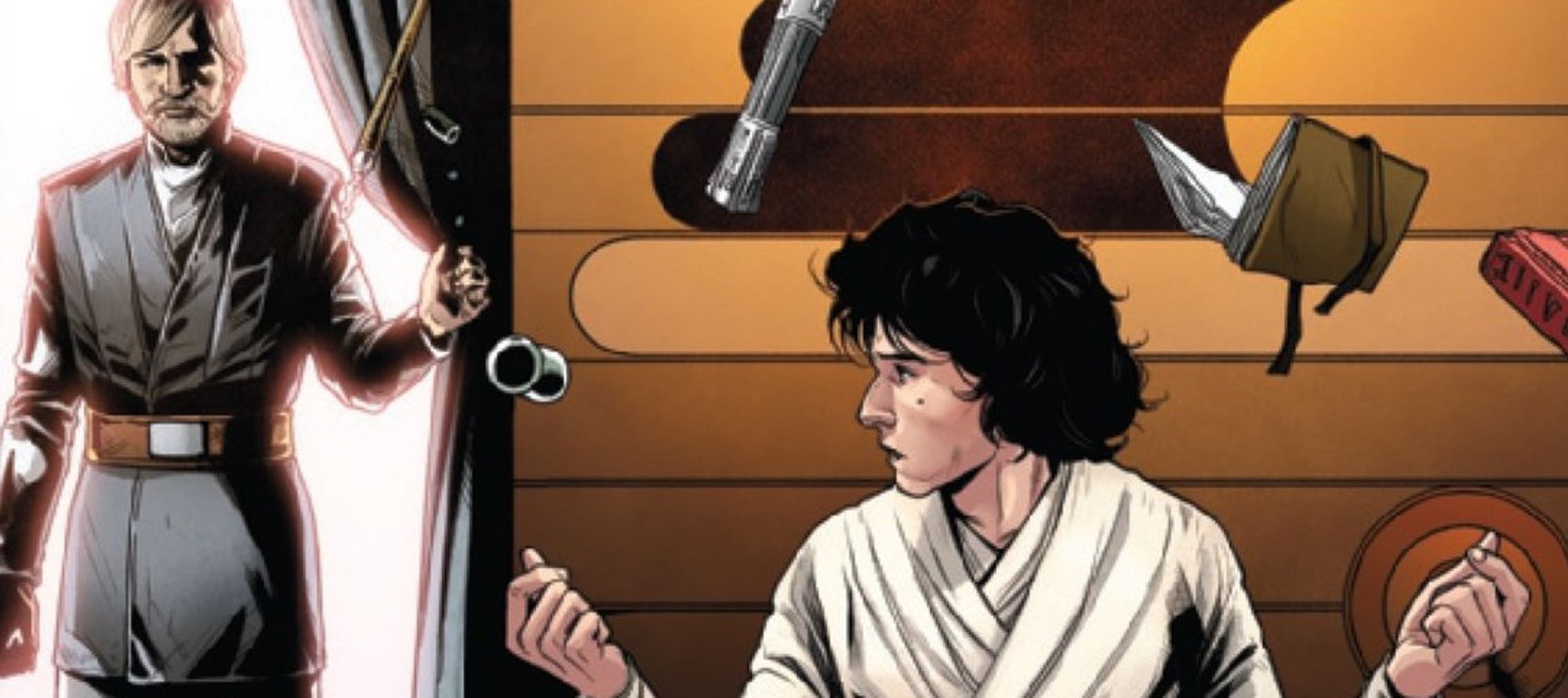 Star Wars #50 (2024) Written by CHARLES SOULE
Art by MADIBEK MUSABEKOV. Luke Skywalker standing in doorway on the left, talking to a young Ben Solo in the center