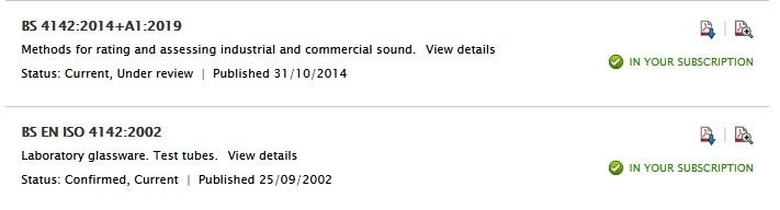 Two search results for BS 4142,one for a method for rating industrial noise and one for laboratory glassware