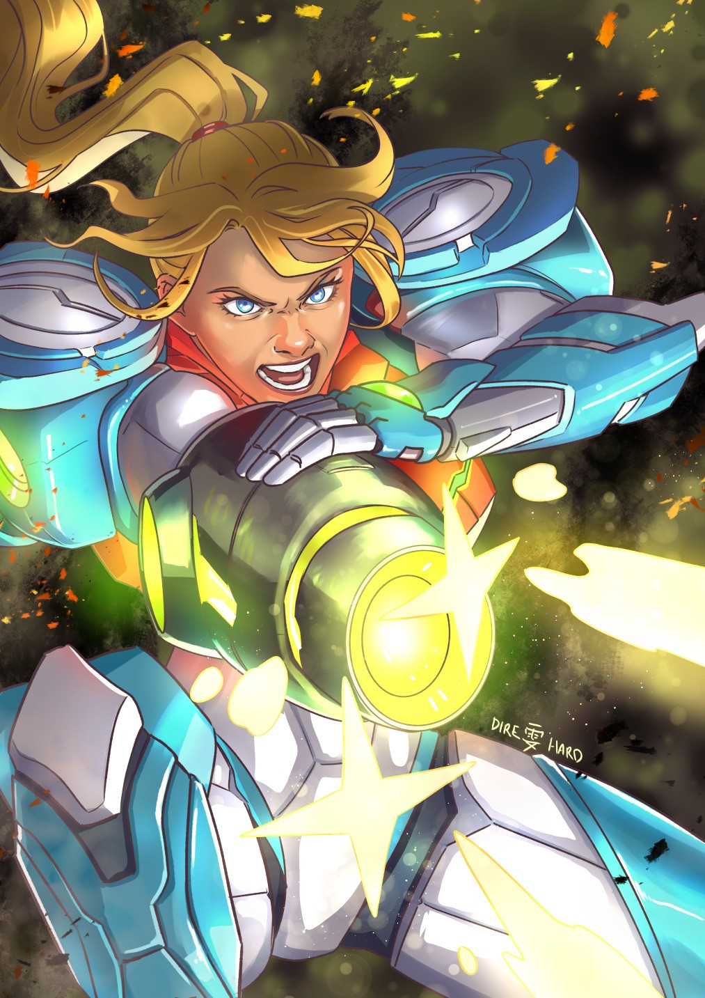 Samus Aran firing her cannon, no helmet