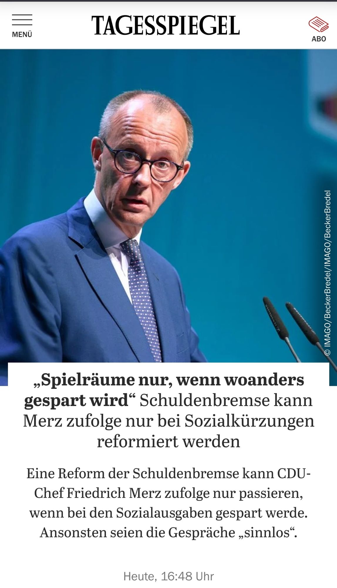 Screenshot Tagesspiegel: "Schuldenbremse kann Merz zufolge nur bei Sozialleistungen reformiert werden"