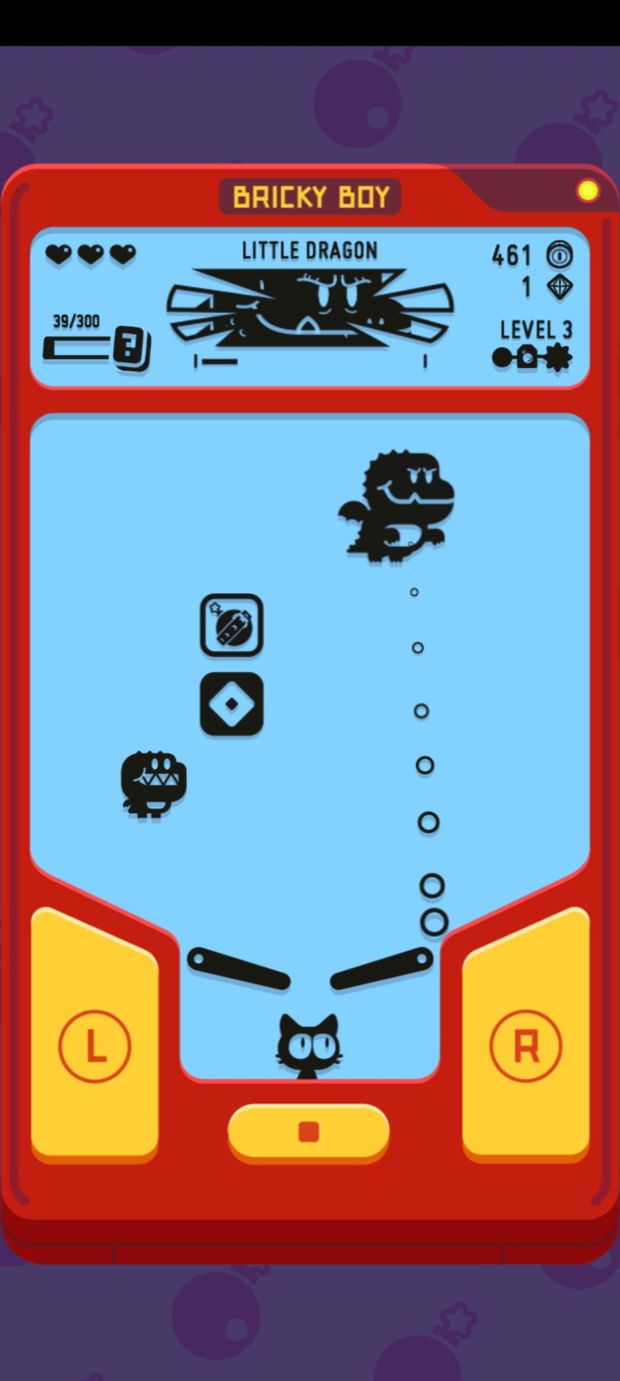 Screenshot of a game styled like a handheld console with a monochrome game screen showing pinball flippers, a ball with smaller afterimages tracing it, sone blocks and a dragon on top. There's also a little cat below the flippers that serves as a saver for your ball.