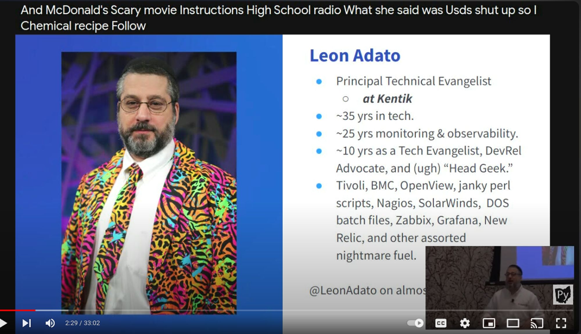 Biographical Slide of Leon Adato, with automatic captioning that is gibberish.