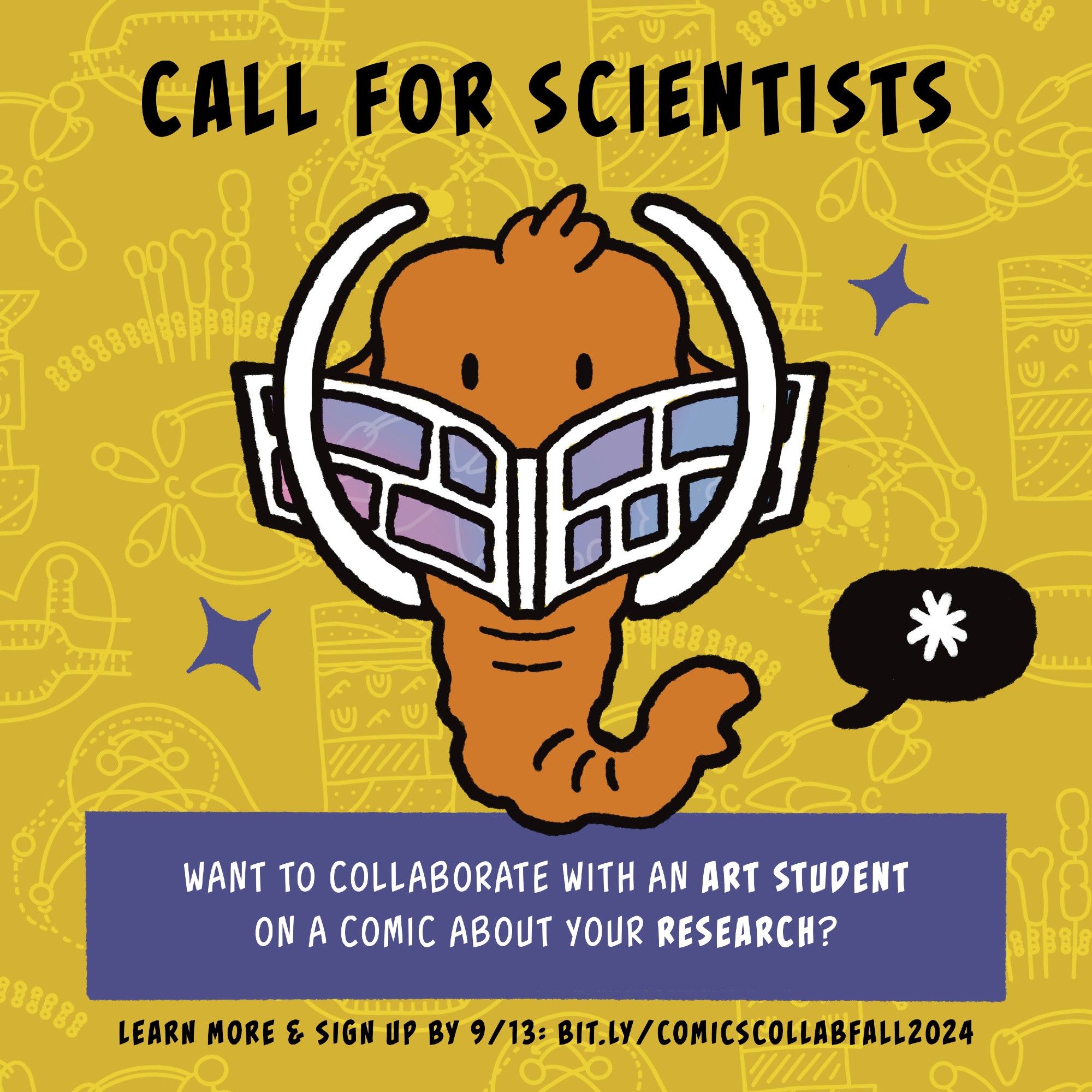 Cartoon mastodon reading a comic held up by its tusks. Flyer says "Call for scientists. Want to collaborate with an art student on a comic about your research? Learn more & sign up by 9/13: bit.ly/comicscollabfall2024."