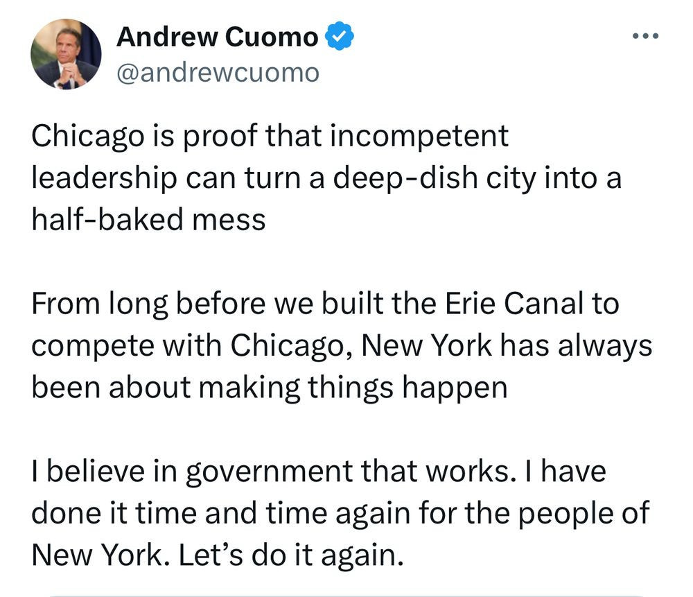 Andrew Cuomo post on twitter dumping on Chicago and taking credit for the Erie Canal