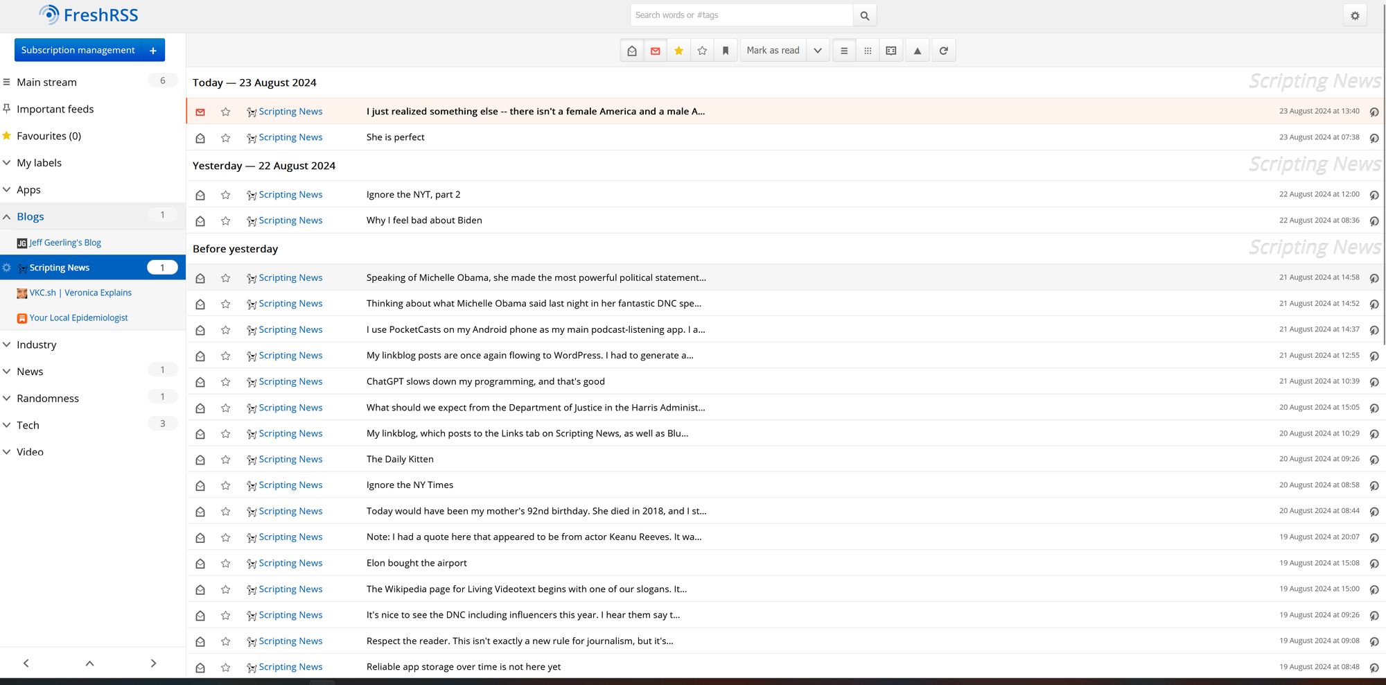 Screen shot of FreshRSS showing scripting.com