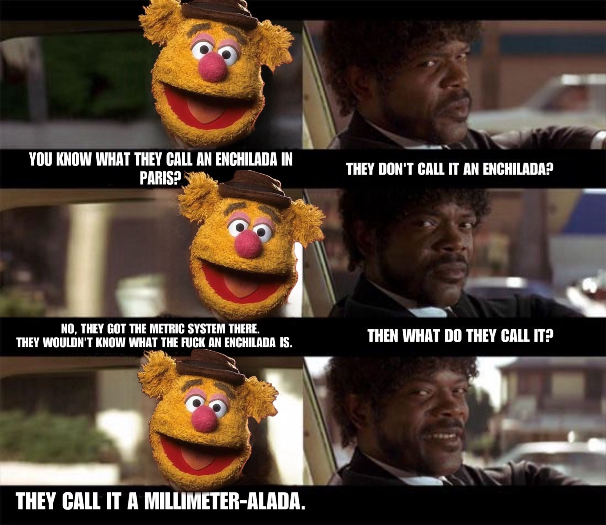 Fozzie bear in place of John travolta in famous royale with cheese scene from pulp fiction