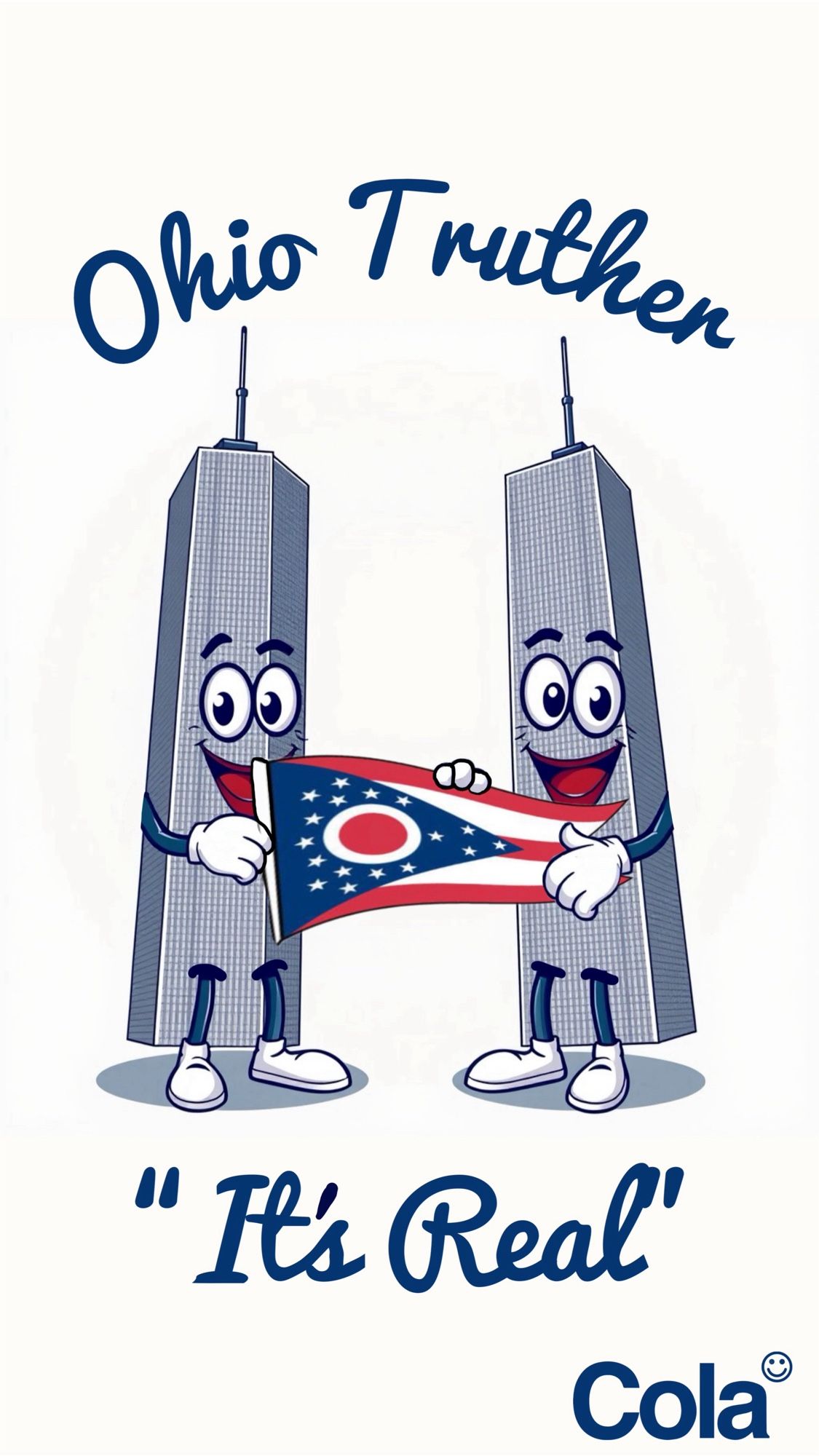 The World Trade Center towers as cute anthropomorphic mascots holding the Ohio state flag