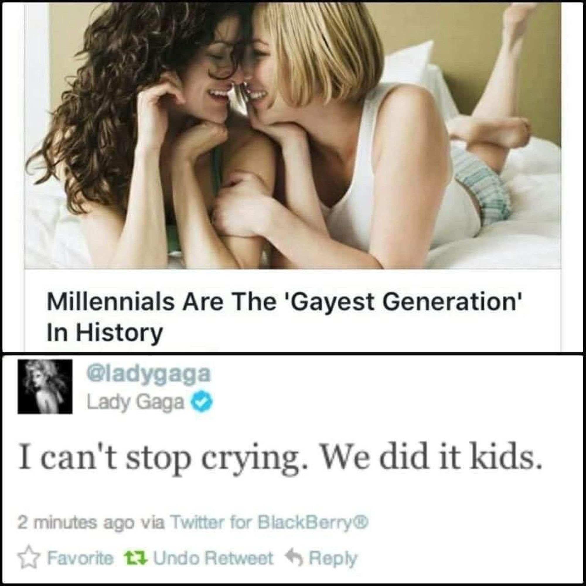 This image is a meme composed of two parts. The top section shows a picture of two women lying closely together in bed, with a headline reading: "Millennials Are The 'Gayest Generation' In History." The bottom part is a supposed tweet from Lady Gaga, where she says: "I can't stop crying. We did it kids." It also includes engagement options such as "Favorite," "Undo Retweet," and "Reply."