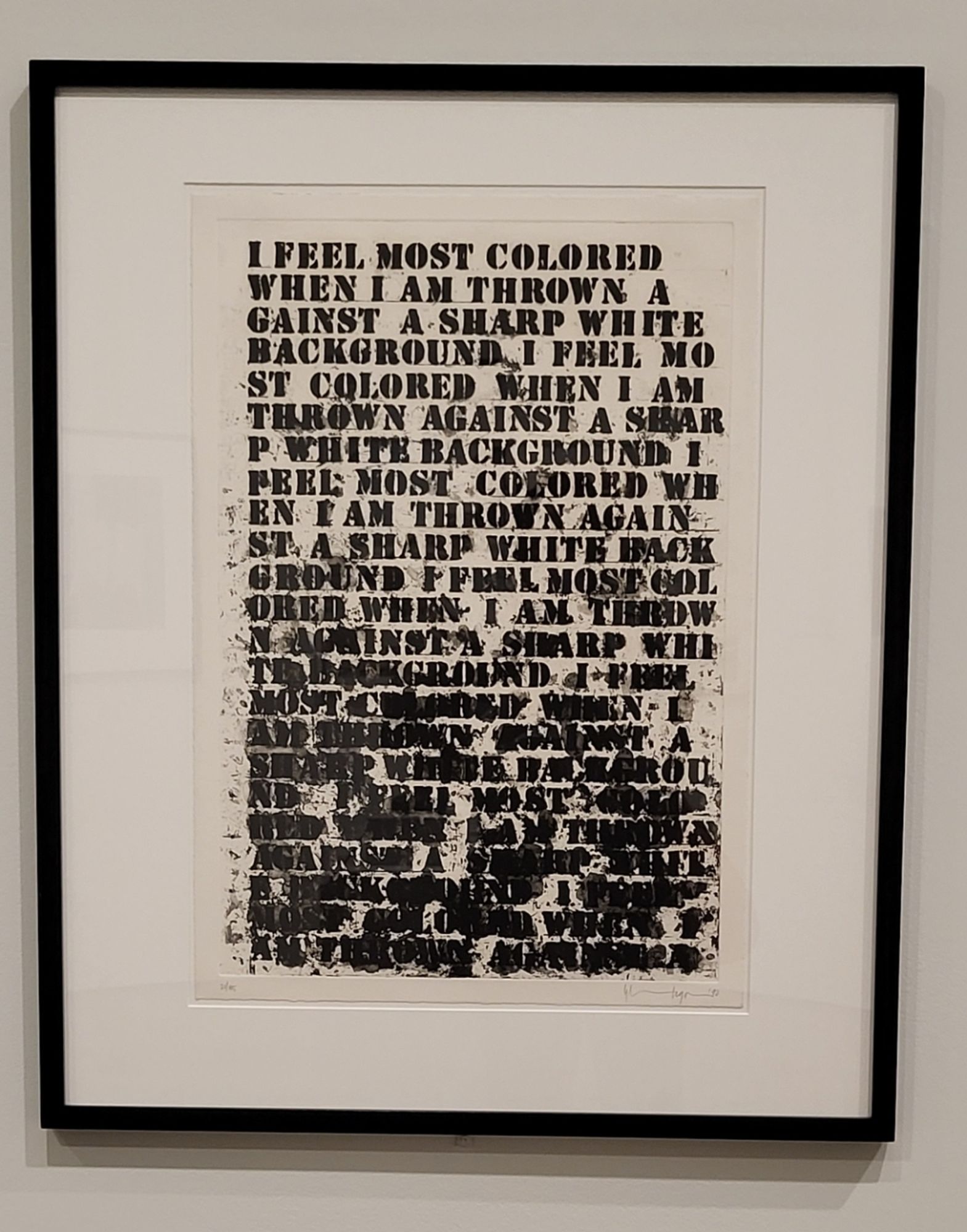 Four Etchings, 1992, 
Repeated text in all caps “I feel most colored when I am thrown against a sharp white background”