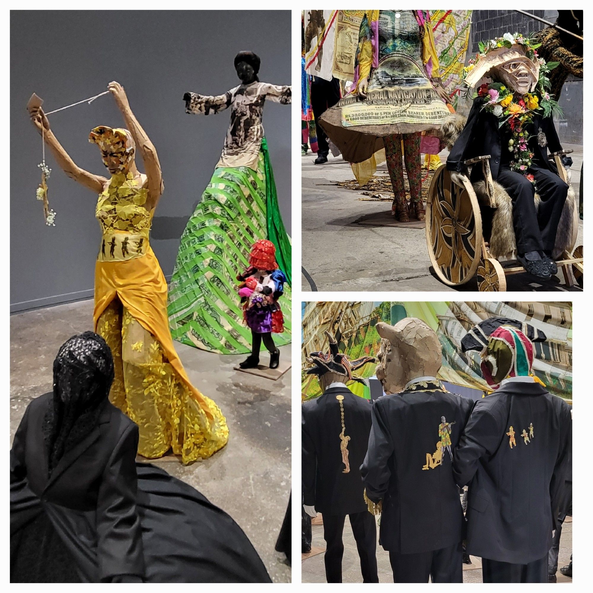 Picture 1- two female figures in yellow and green dresses,  one of two female figures in black hoop skirt, and a small child
Picture 2: a small person or child wearing a suit and a flower wreath while sitting in a wooden or cardboard wheelchair with taller figures marching behind them 
Picture 3: View of three suited figures from behind, to see the illustrations on their jackets