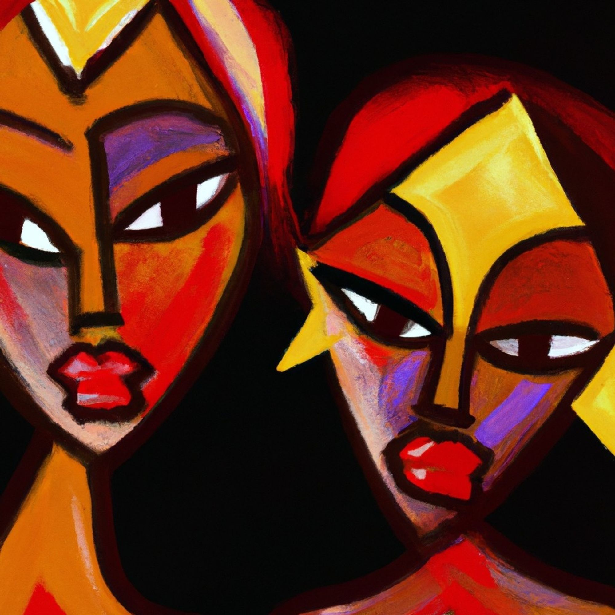 2 black women in the style of Picasso with red tones