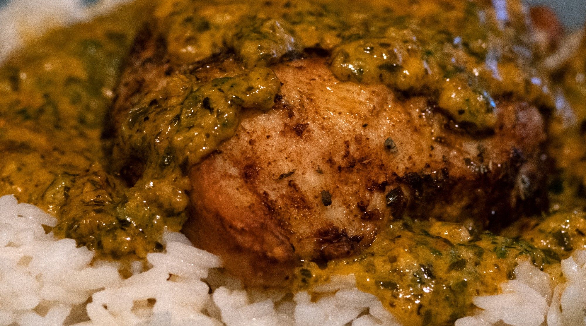 Chicken breast and rice in a creamy spinach sauce