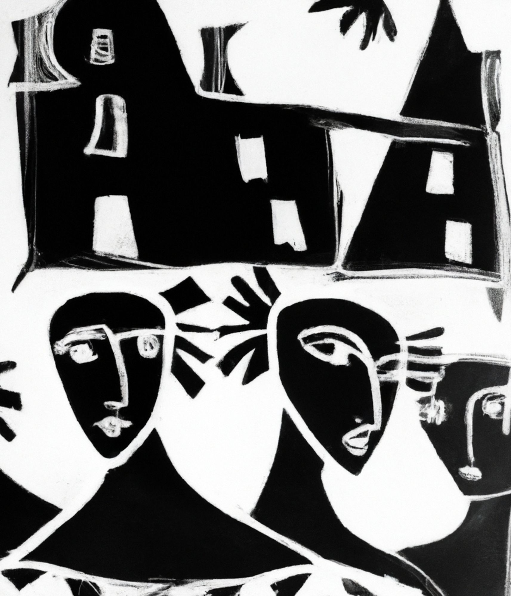 Black and white picture in the style of Pablo Picasso. A group of Black women in the foreground, with black houses in the background, on a white background.