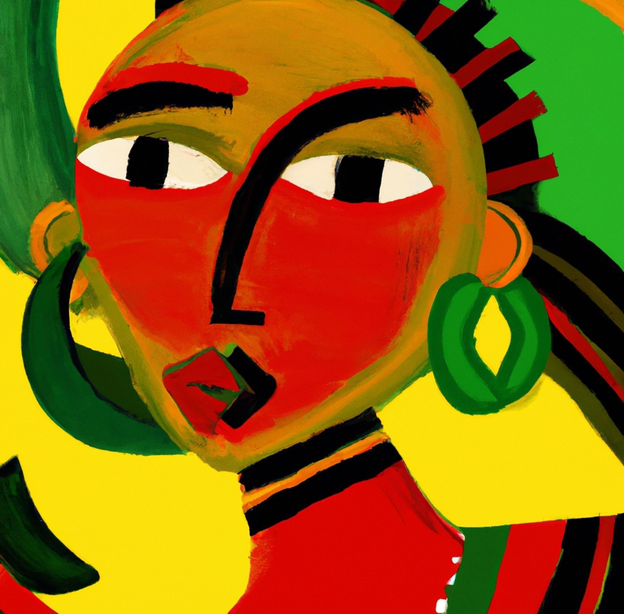 A black woman with cornrows and hoop earrings in the style of Picasso