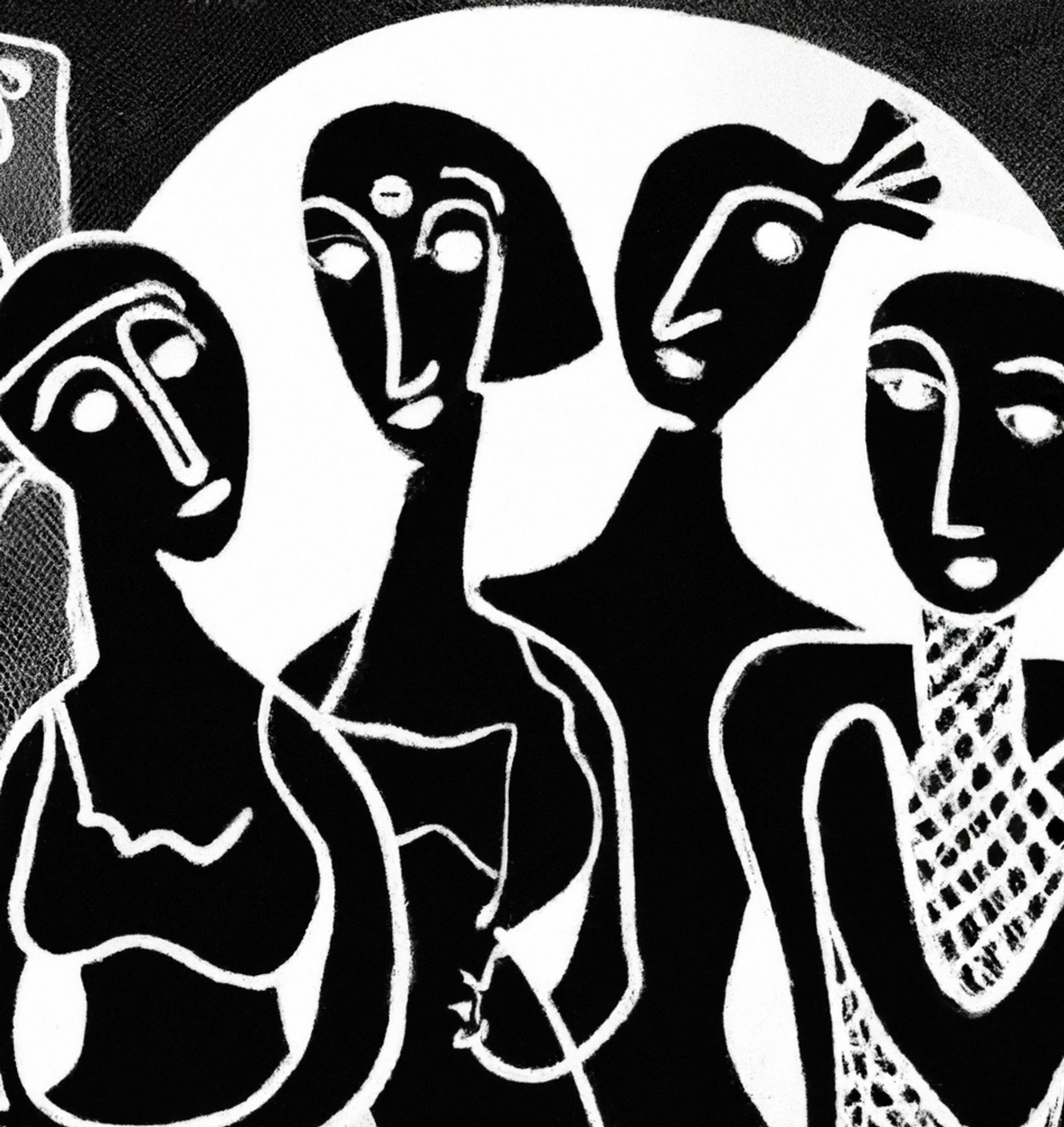 Black and white picture in the style of Pablo Picasso. Four slim Black women on a black and white textured background.