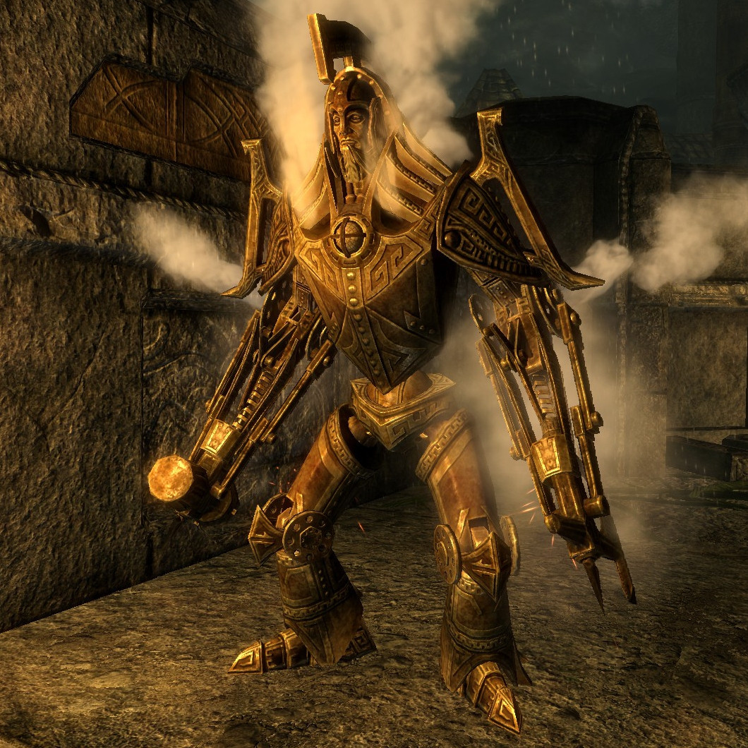 A Dwemer centurion from Skyrim. Steam is coming from its armour