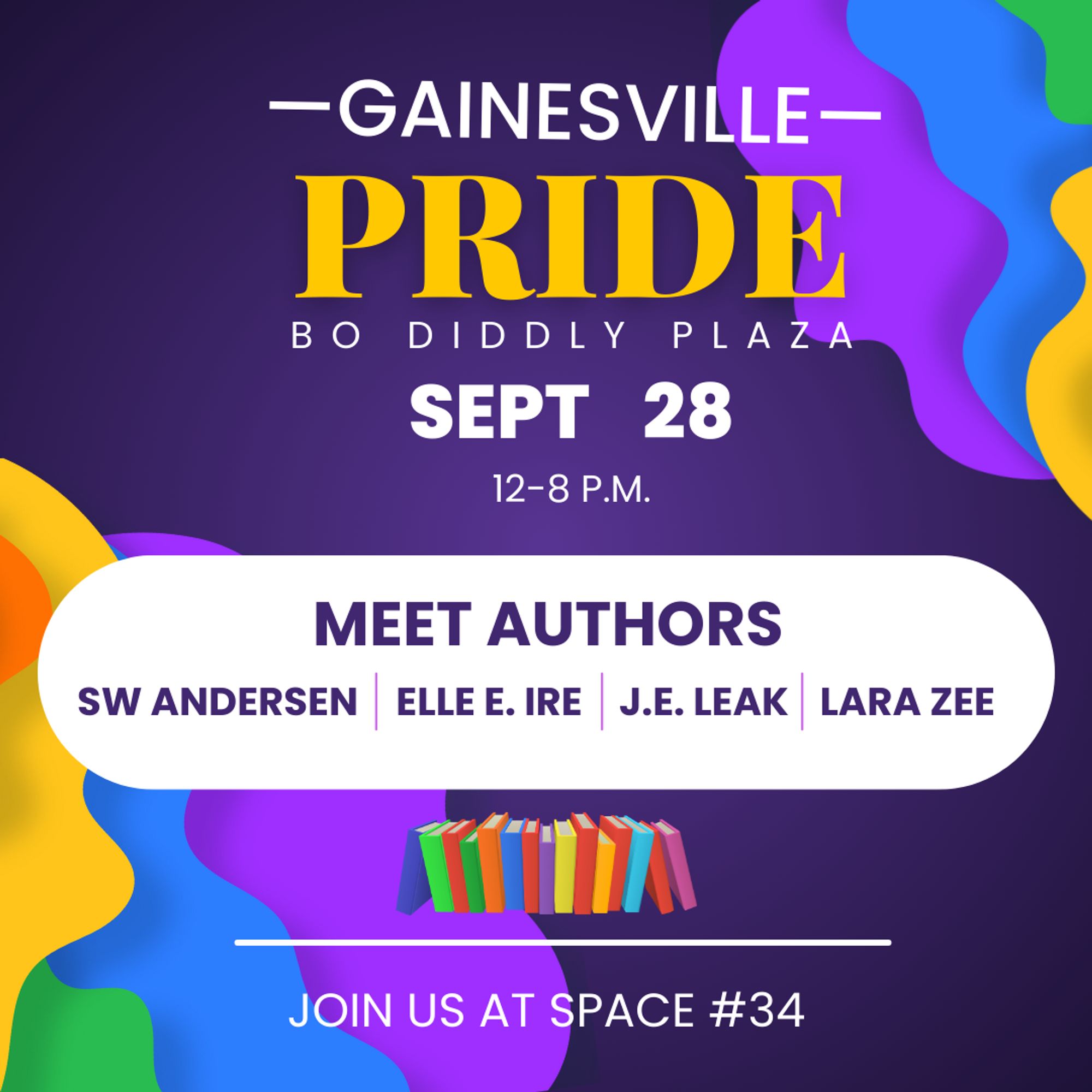 A graphic advertising the Pride Festival at Bo Diddly Plaza, Gainesville, Florida.  Sept 28 12-8pm. Booth #34.