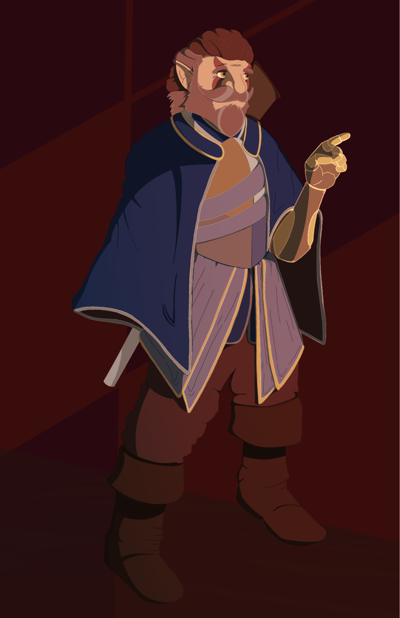 Josiah Greatbarrel, Halfling Gunslinger and Chosen of Arylia, standing tall as he points toward an unseen presence.