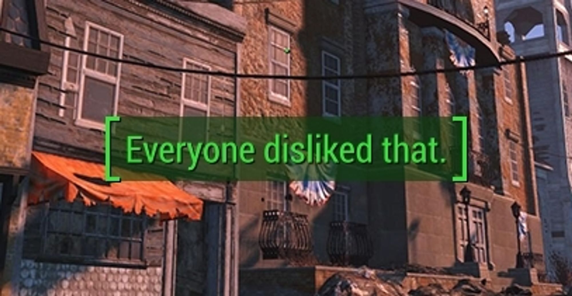 A screenshot of the UI of Fallout 4, where text says "[ Everyone disliked that. ]”. This image is often used as a meme to express when something occurs that is (or can be) universally despised