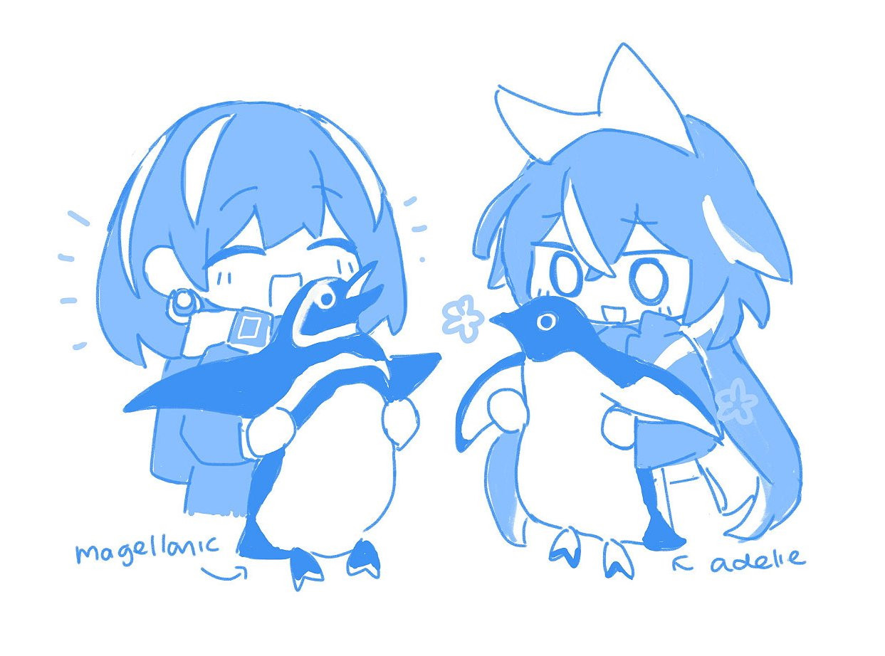 magallan (arknights) and oc (adelie) holding their penguins