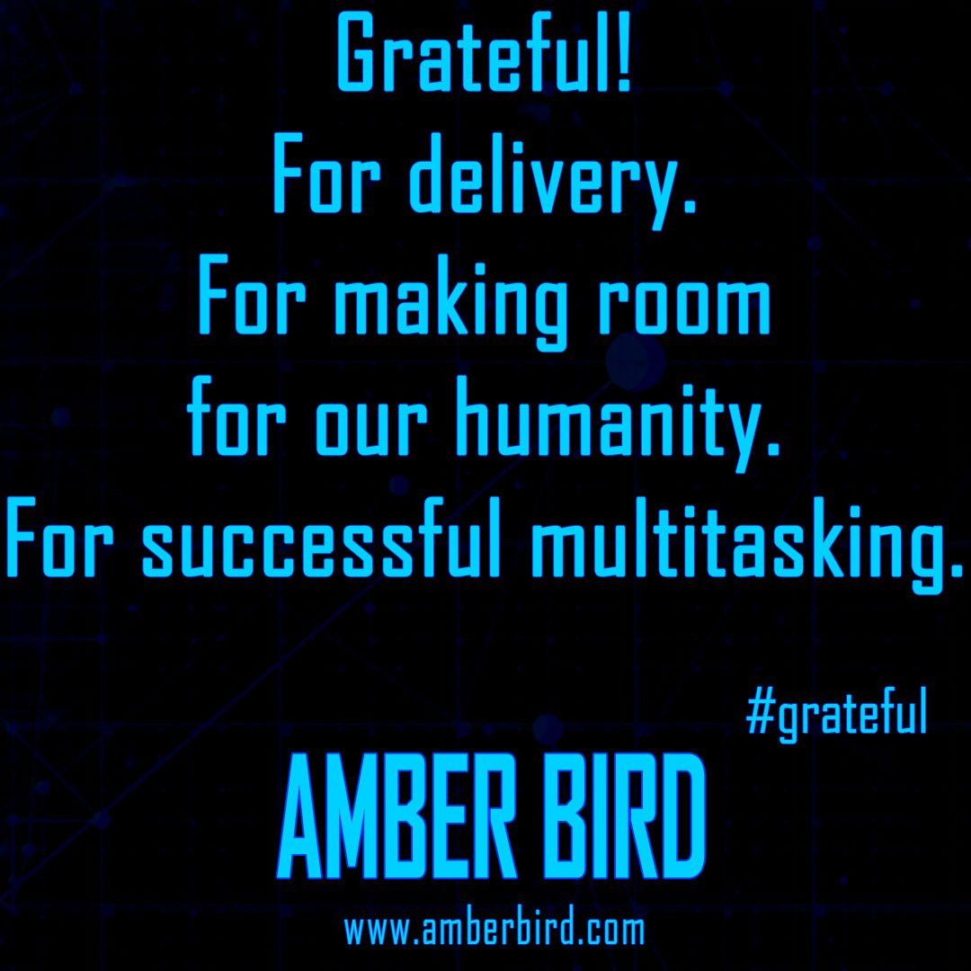 Black background with a rather faint design of blue-toned grid lines and random dots giving computer/sci-fi vibes. Bright aqua text duplicates the content of the post, then says: #grateful, Amber Bird, amberbird.com