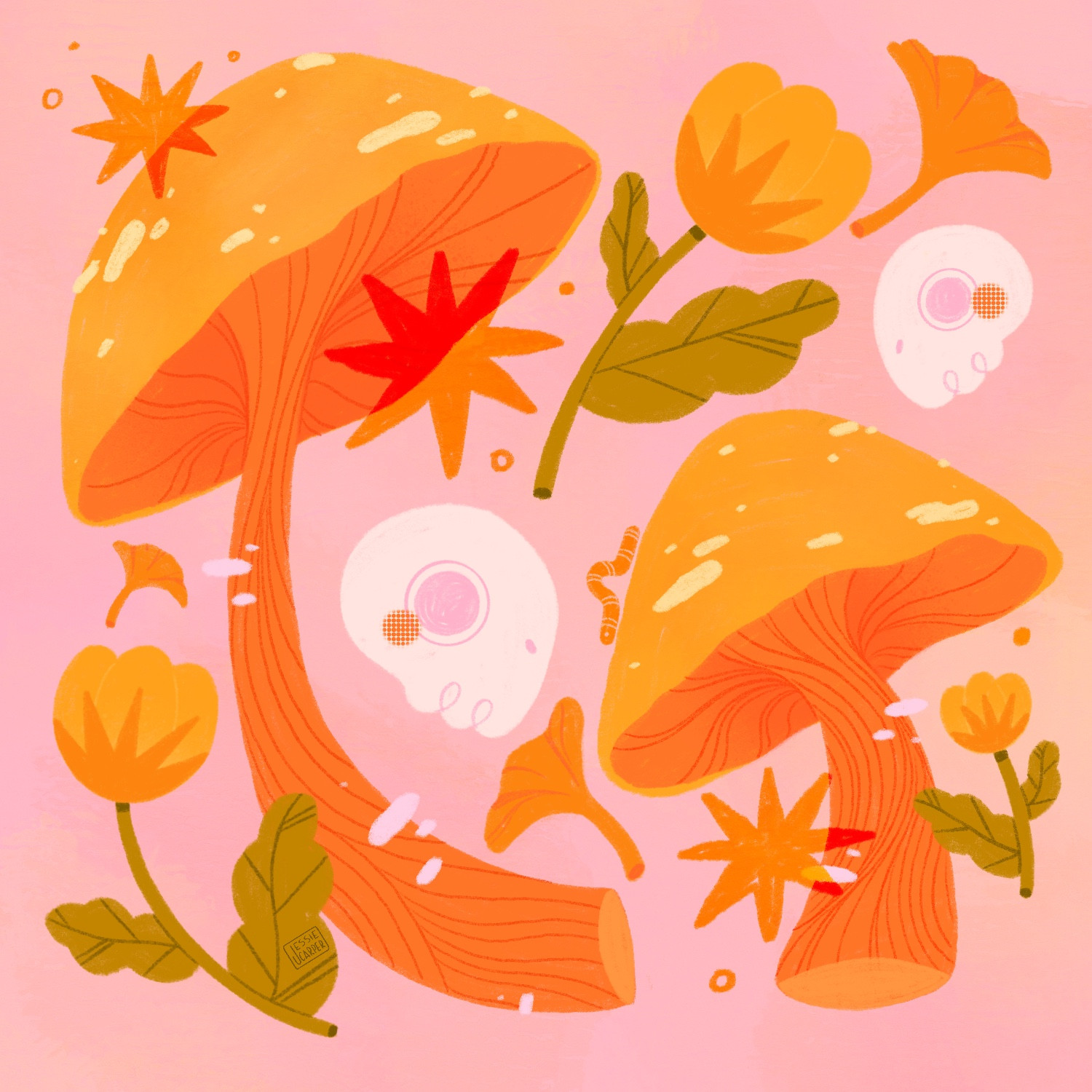 Yellow-orange mushrooms on a pink background surrounded by little pink skulls and yellow tulips.