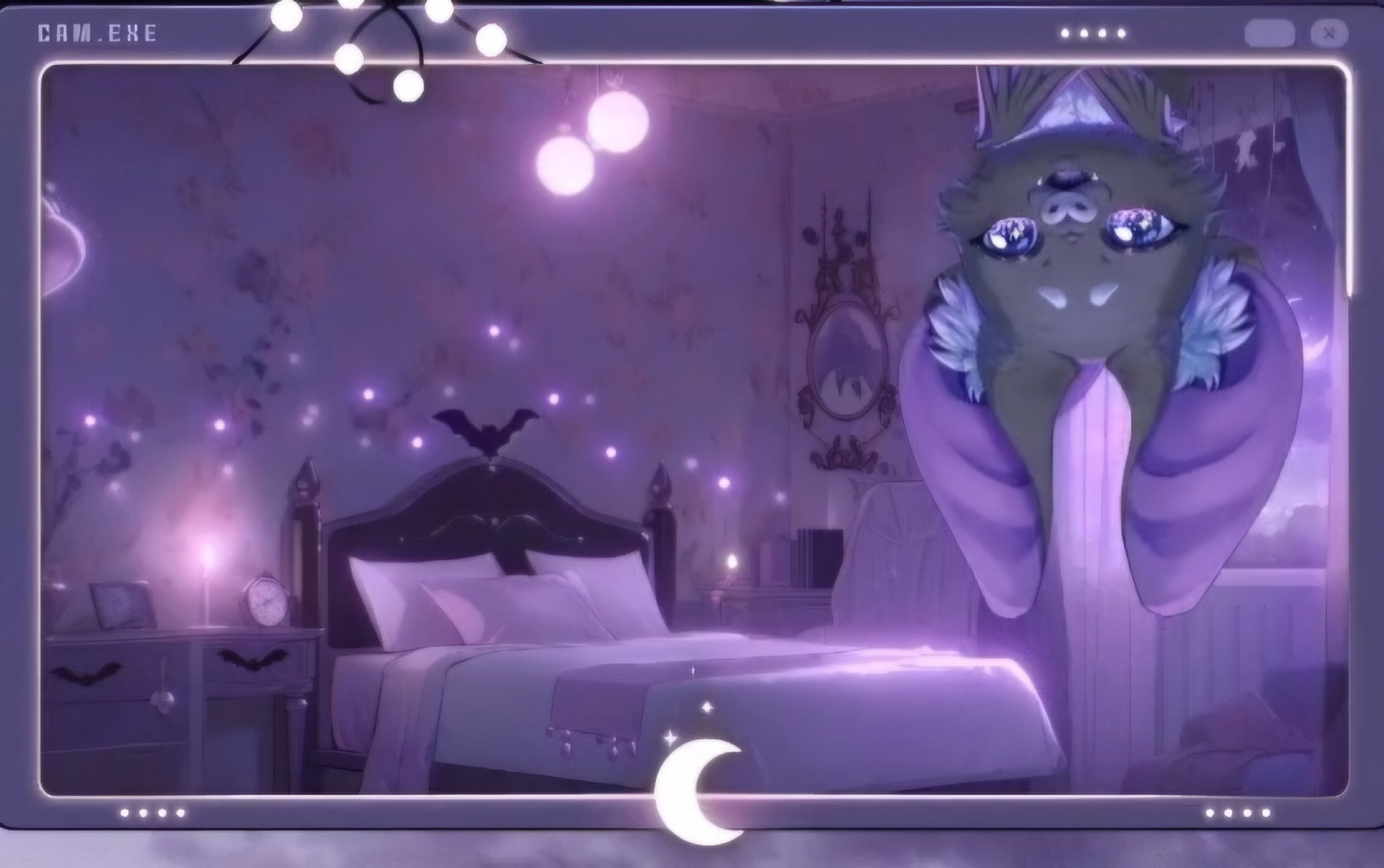 A gray and purple bat vtuber in front of a purple bedroom background with a moon Webcam border