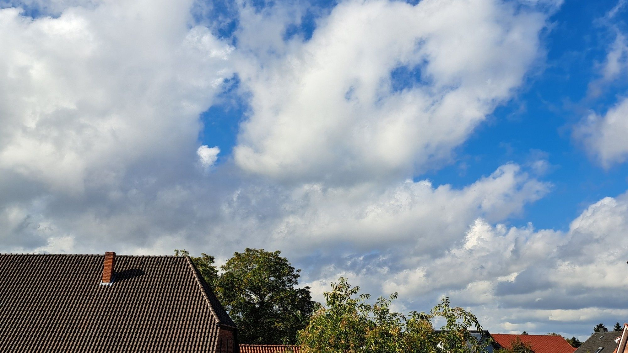 Fensterblick: Einige dicke, weißgraue Haufenwolken, dazwischen etwas blauer Himmel. Hausdächer und Bäume am unteren Bildrand.