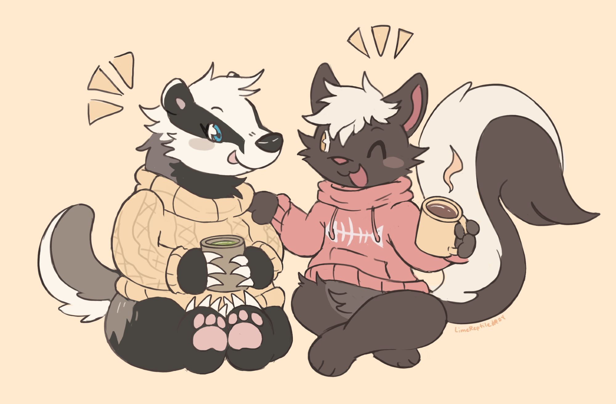 Bramble the badger and Mocha the skunk sitting down and having tea/coffee together