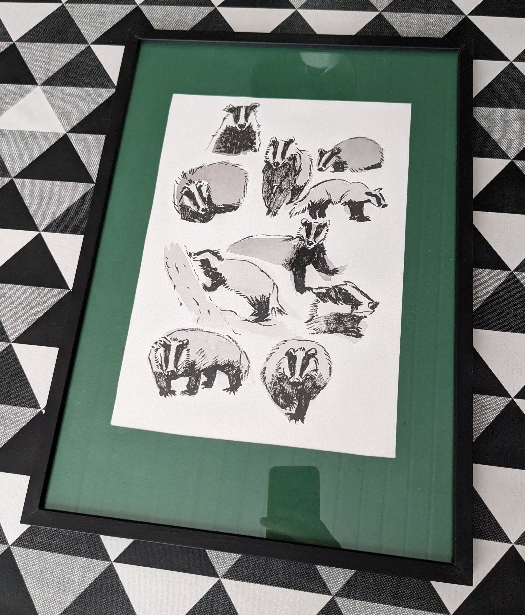 Framed picture of badgers in various poses lying on a table