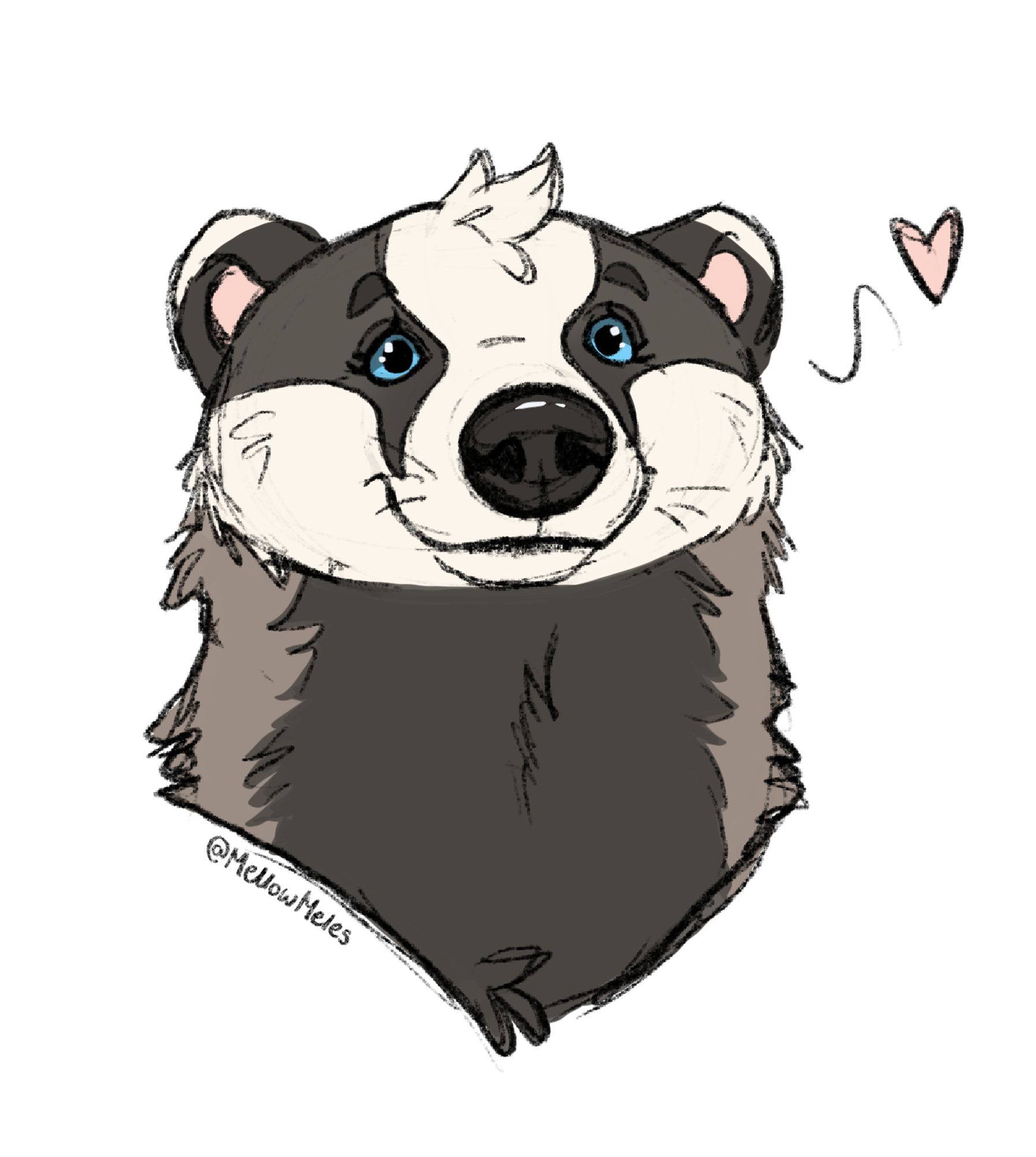 headshot of Bramble the badger looking at you and blowing a little heart