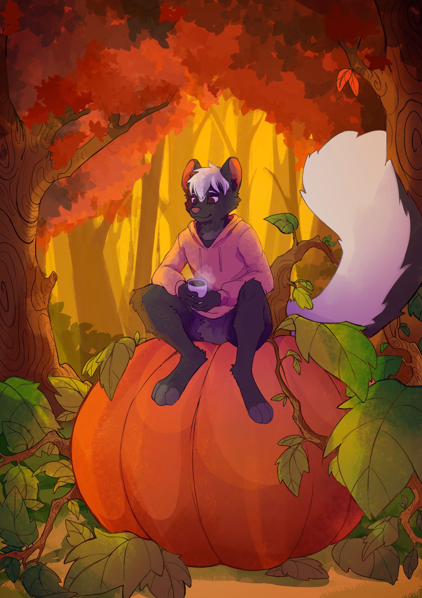 drawing of skunk man in a pink hoodie sitting atop a giant pumpkin in the woods