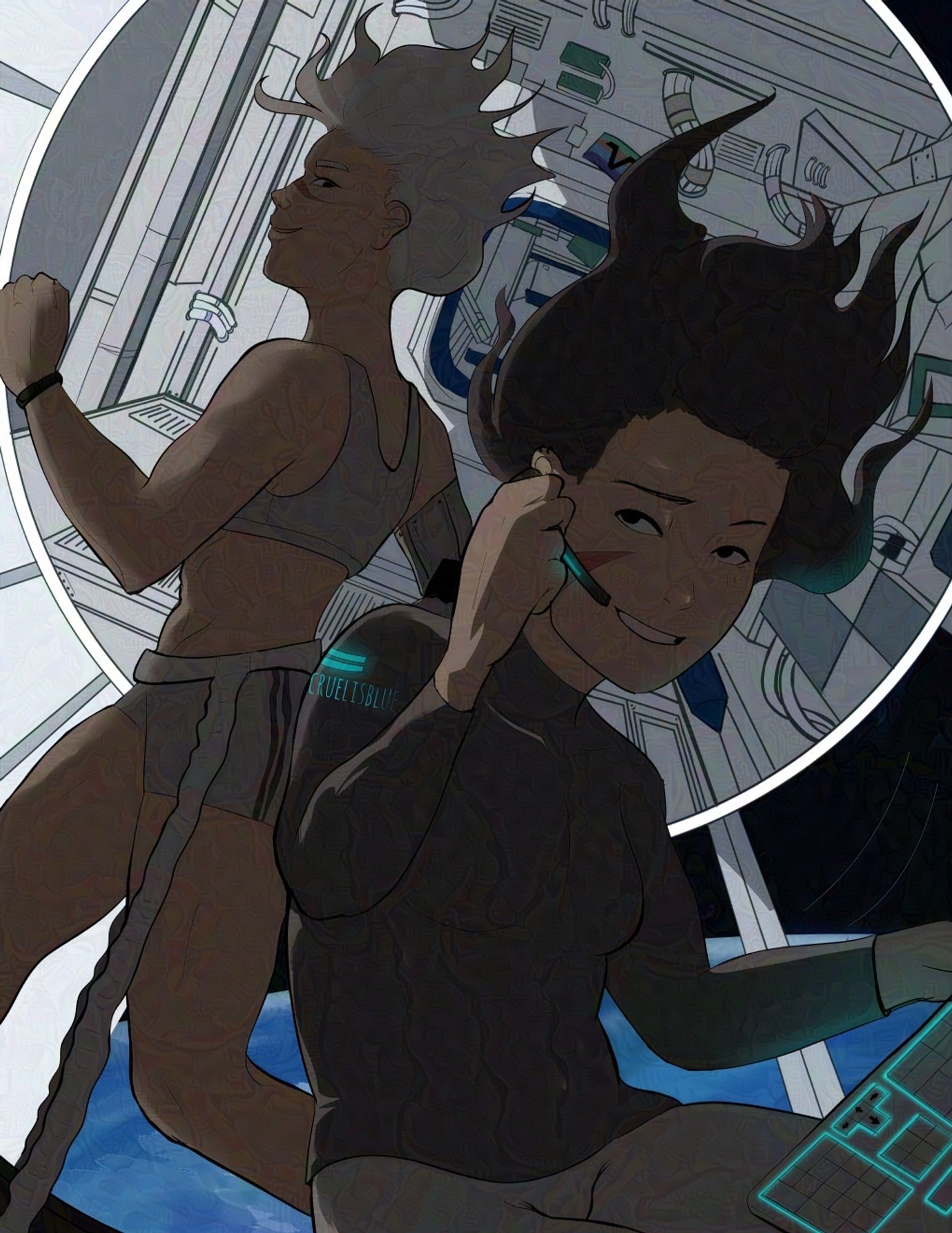 The fem versions of Shiro and Keith from Voltron Legendary Defender on a space station. Keith is floating in the background, looking smugly back at Shiro while on a laptop while Shiro is training in the background, looking at Keith.