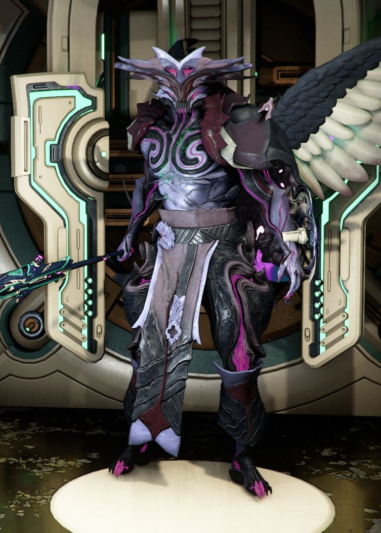 Screenshot of Hydroid Rakkam holding a blue and green Scourge Prime speargun from Warframe. He is in purple, pink, and dark blue colours, and has the Eros ephemera which is coloured dark blue and off-white