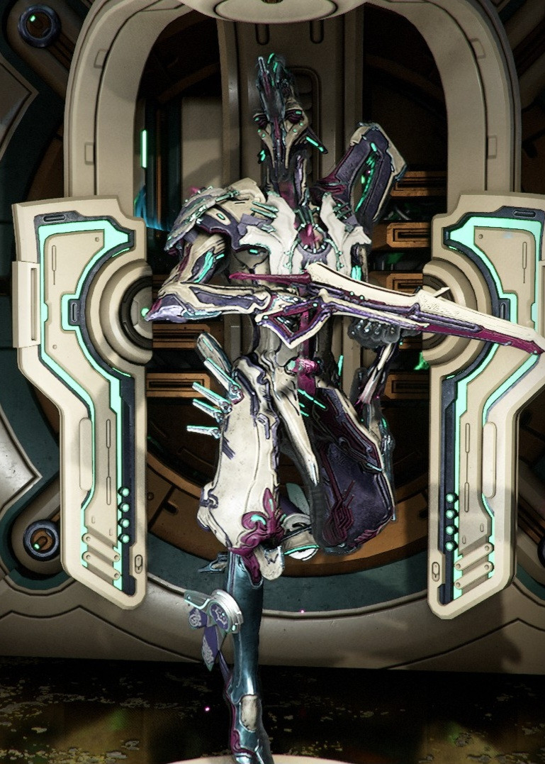 Screenshot of Caliban from Warframe. He is coloured off-white, purple, pink, and light blue. He is holding a Basmu rifle with the same colour scheme.