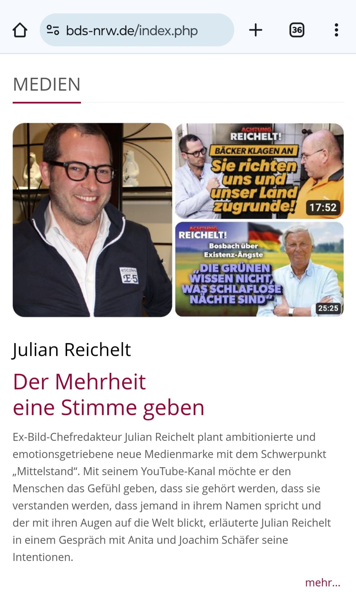 Julian Reichelt
Der Mehrheit
eine Stimme geben
Ex-Bild-Chefredakteur Julian Reichelt plant ambitionierte und emotionsgetriebene neue Medienmarke mit dem Schwerpunkt „Mittelstand“. Mit seinem YouTube-Kanal möchte er den Menschen das Gefühl geben, dass sie gehört werden, dass sie verstanden werden, dass ­jemand in ihrem ­Namen spricht und der mit ihren Augen auf die Welt blickt, erläuterte Julian Reichelt in einem Gespräch mit Anita und Joachim Schäfer seine Intentionen.