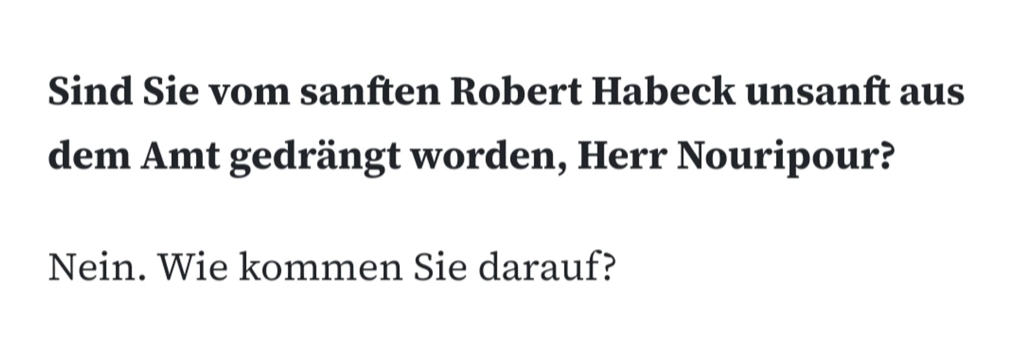 Einstiegsfrage: "Sind Sie vom sanften Robert Habeck unsanft aus dem Amt gedrängt worden, Herr Nouripour?
Nein. Wie kommen Sie darauf?"