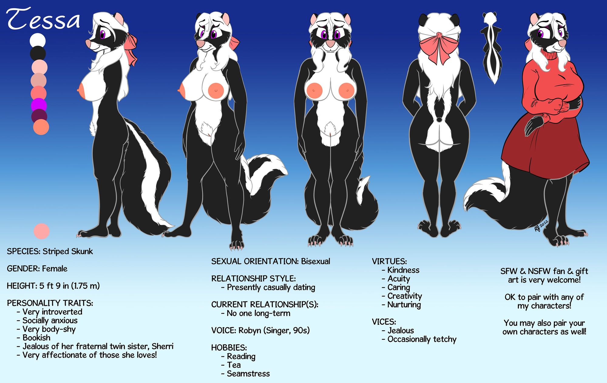 Reference sheet of a female anthropomorphic striped skunk named Tessa