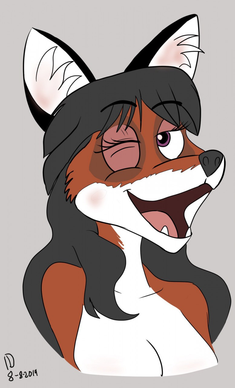 A dark-haired red fox vixen with a happy expression on her face!