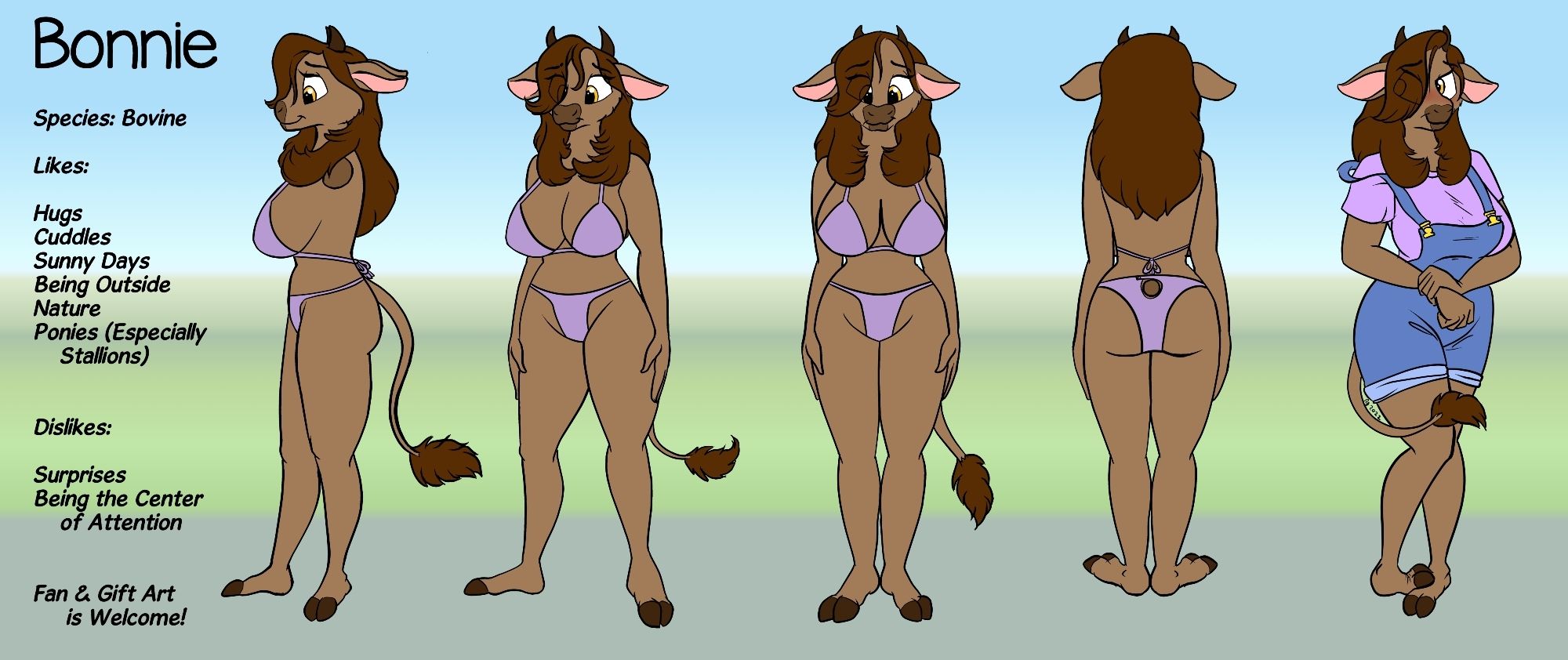 Reference sheet of a curvy anthropomorphic female bovine character named Bonnie.