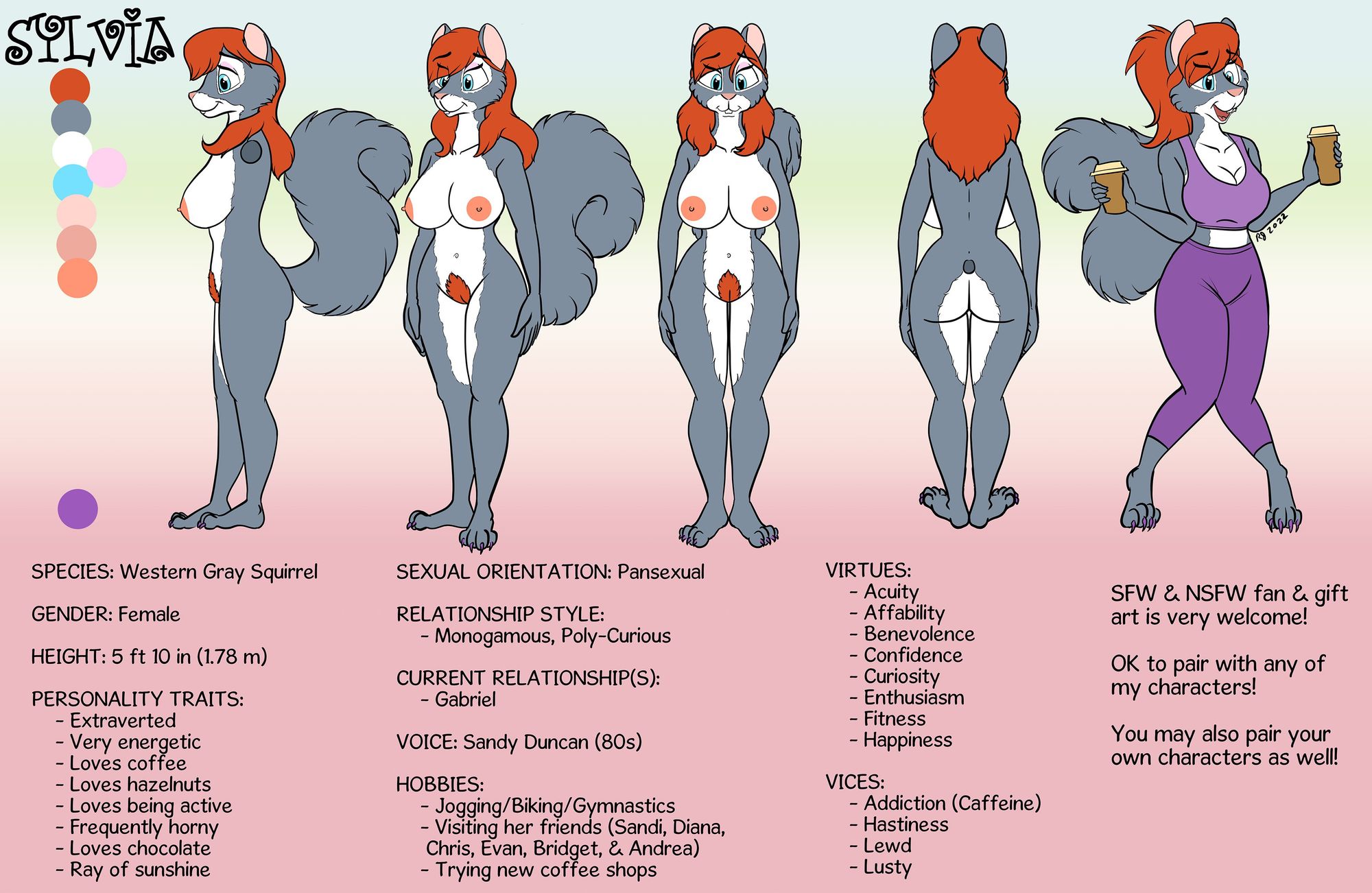 Reference sheet of a female anthropomophic female gray squirrel named Sylvia