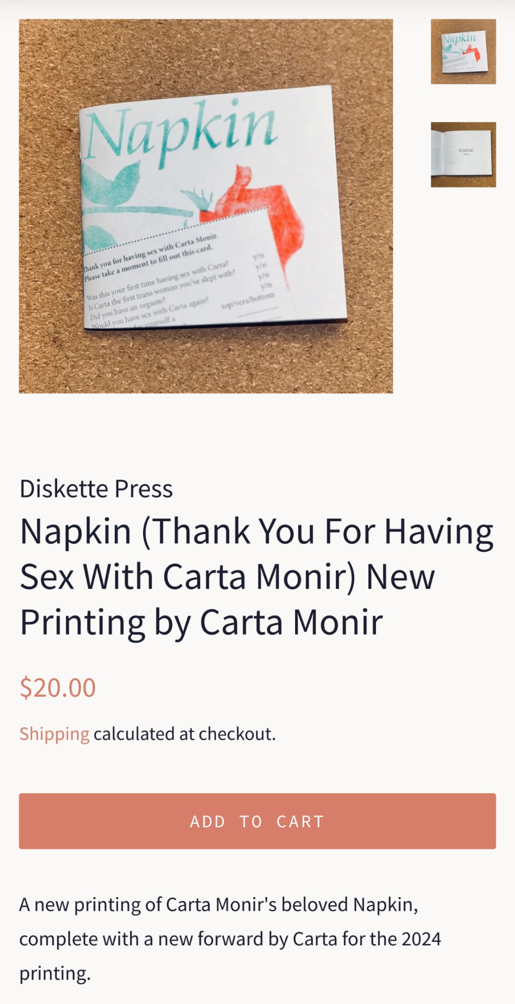 Screenshot of the product page for Napkin, which costs $20. There are a couple of product images and a description that reads, "A New printing of Carta Monir's beloved Napkin, complete with a new forward by Carta for the 2024 printing."