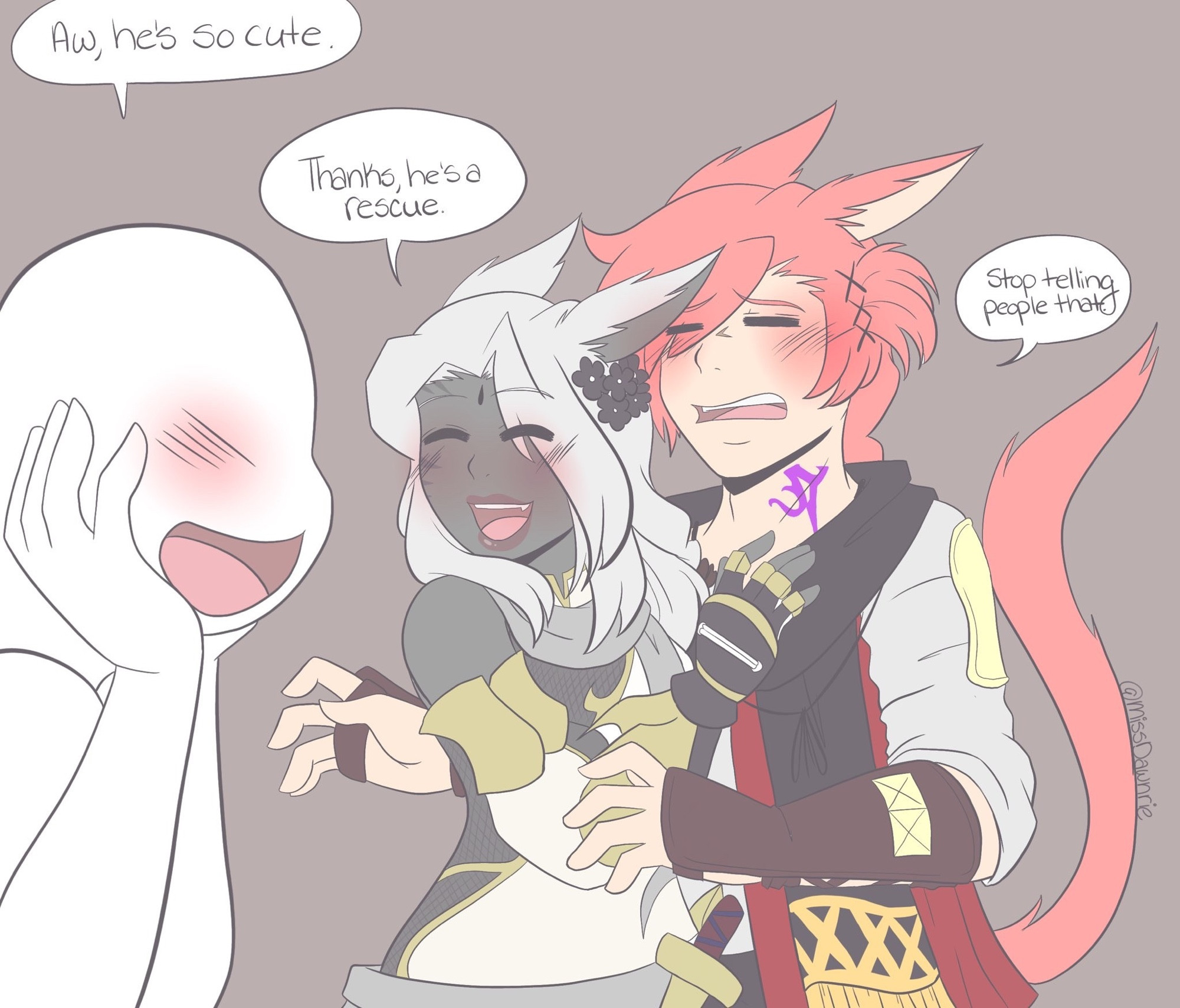 FFXIV Illustration - a random person is calling G’raha cute. Valenice responds with “Thanks, he’s a rescue”. G’raha, flustered says “Stop telling people that”. 