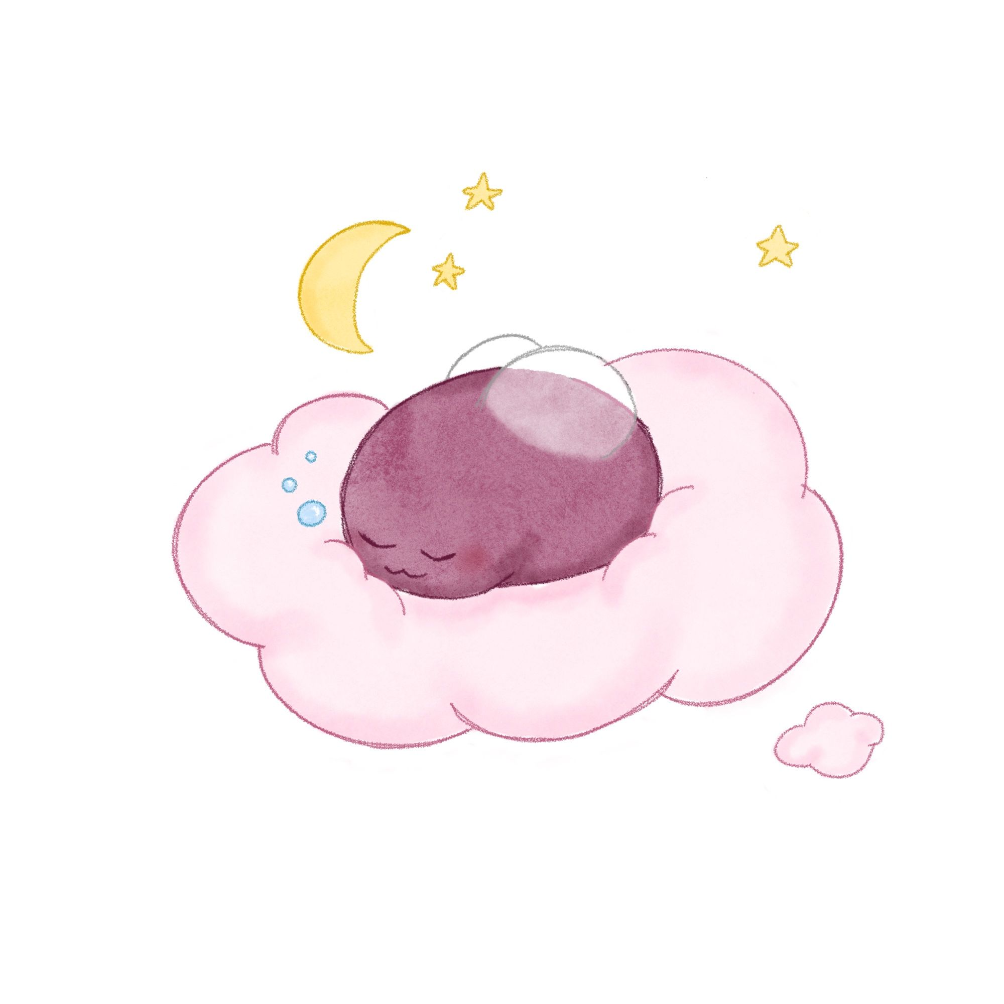 An illustration of eggbug (a little round bean guy with wings) sleeping peacefully on a cloud under the moon and stars