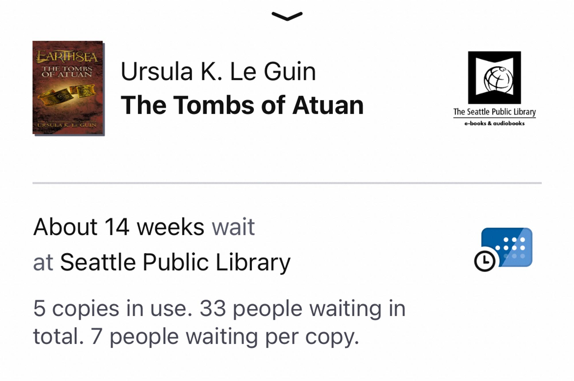 A screenshot from the Libby app which says that it will take me 14 weeks to get The Tombs of Aruba because there are 33 holds on 5 copies