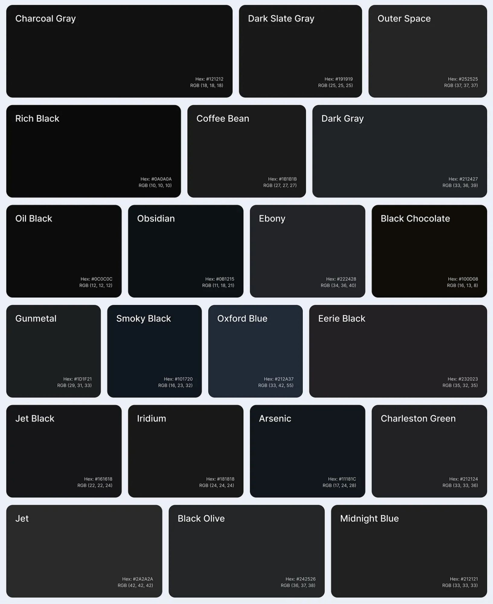 A grid of dark color alternatives to pure black (#000000). The names and HEX values for the colors are provided in the article.