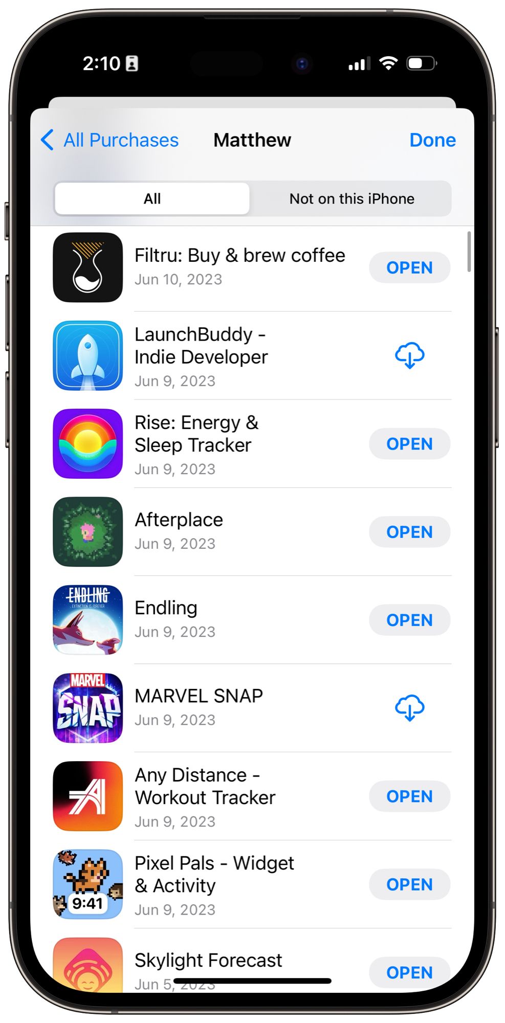 Screenshot of App Store purchases: Filtru, LaunchBuddy, Rise, Afterplace, Endling, MARVEL SNAP, Any Distance, Pixel Pals, and Skylight Forecast