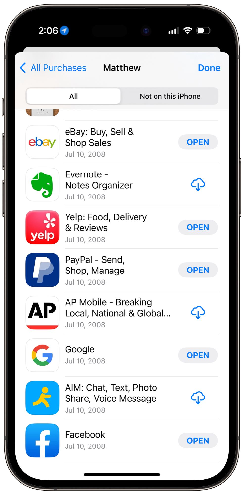 Screenshot of App Store purchases: eBay, Evernote, Yelp, PayPal, AP Mobile, Google, AIM, and Facebook